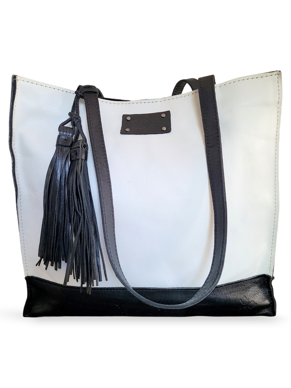 Patricia Nash Toscano Colorblock Leather Tote Black White Tassel Bag